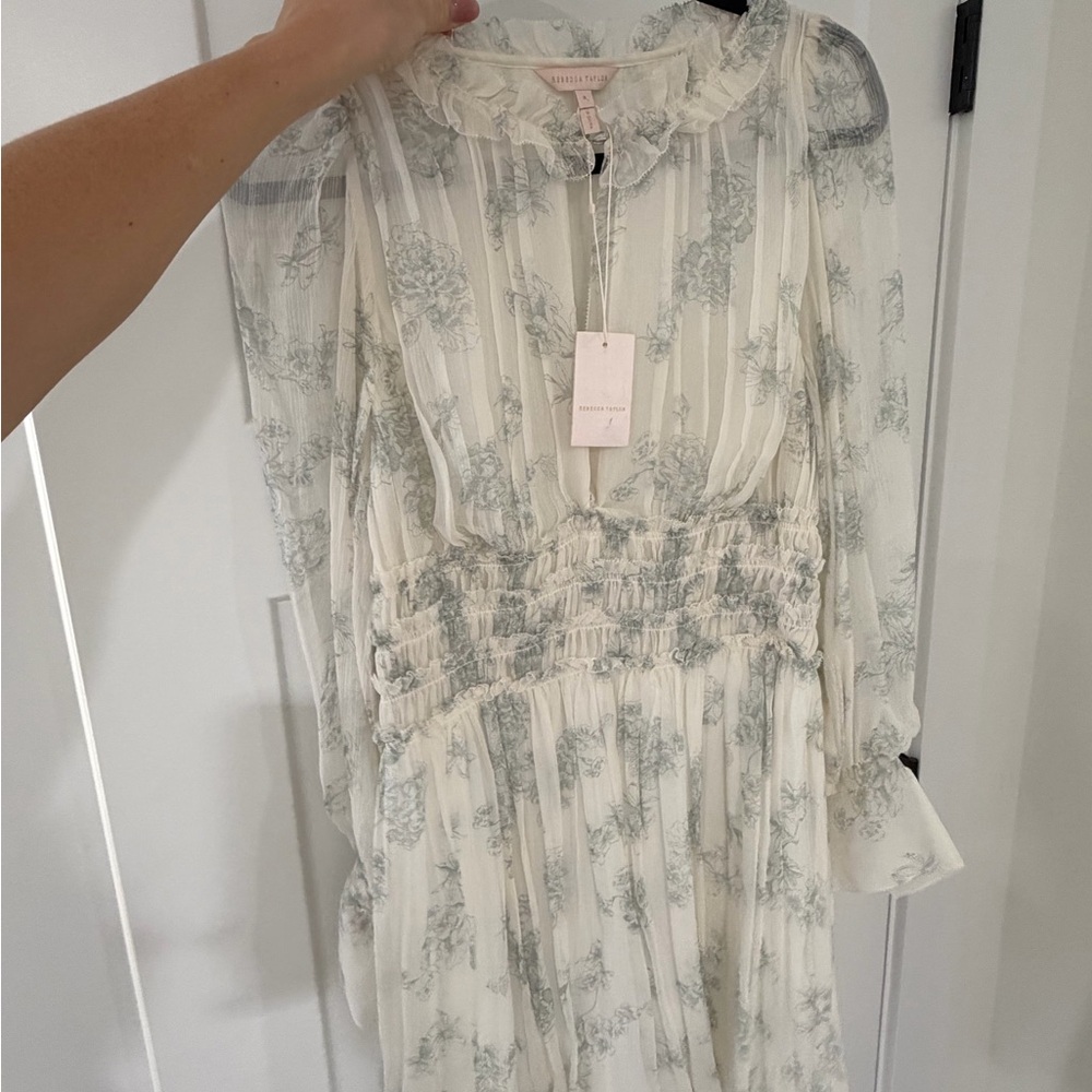 Rebecca Taylor White and Gray Floral Long Sleeve Dress
